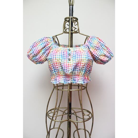 Caroline Constas Bardot Rainbow Grid Gingham Crop Puff Sleeve Top Size XS - Picture 2 of 6